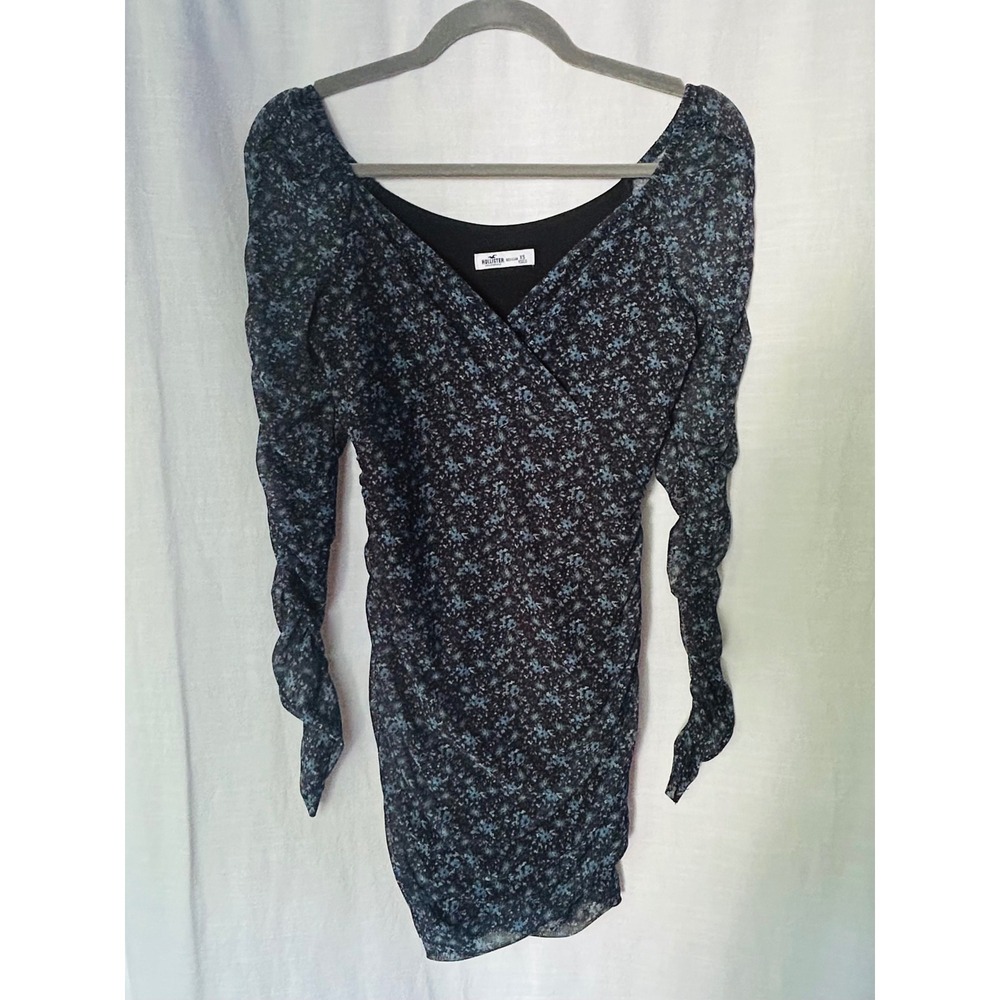 Hollister Ruched Mesh‎ Mini Dress Blue Floral Long Sleeve V-Neck Bodycon XS